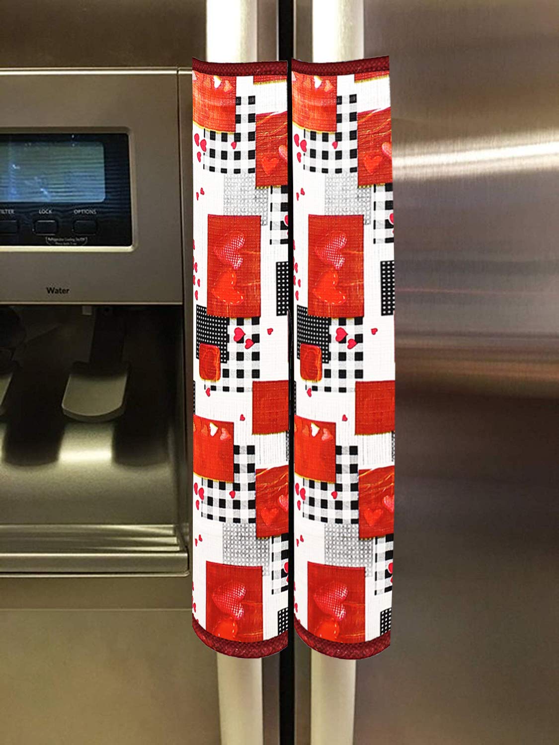 Heart Home Hearts Design PVC 2 Pieces Fridge/Refrigerator Handle Cover (White & Maroon) CTHH5397, Standard