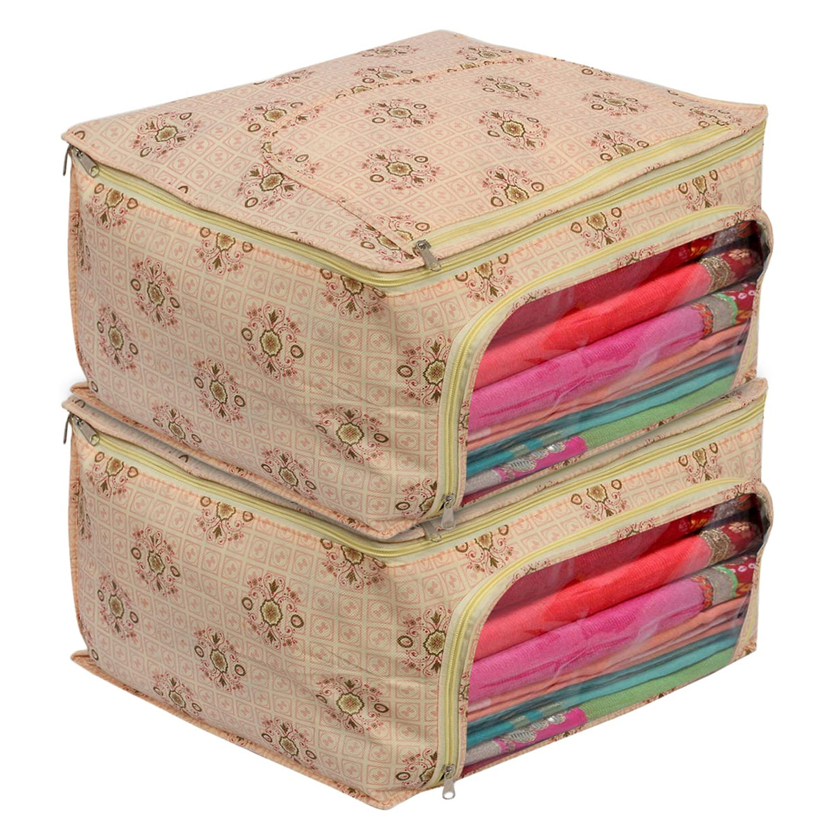 Kuber Industries Floral Print Non-Woven Saree cover With Large Pocket For Saree, Lehenga, Suit & Transparent Window, Pack of 2 (Pink) 54KM4165