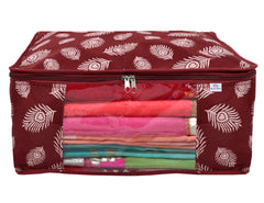 Heart Home Leaf Printed Saree Cover/Clothes Organiser For Wardrobe With Transparent Window, Pack of 6 (Maroon)