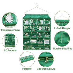 Kuber Industries Hanging Jewellery Organizer With 20 Zipper Pockets,Women Girl Storage Bag for Earrings Necklace Bracelet Ring Accessory with Hanger(Green) (Model: F_26_KUBMART016963)