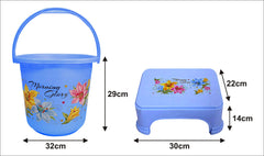 Kuber Industries Printed 2 Pieces Plastic Bucket & Stool Set (Blue)