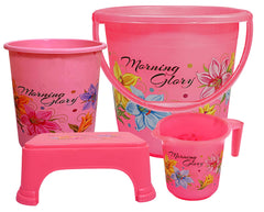 Kuber Industries Printed 4 Pieces Plastic Bucket, Dustbin, Mug & Stool Set (Pink)