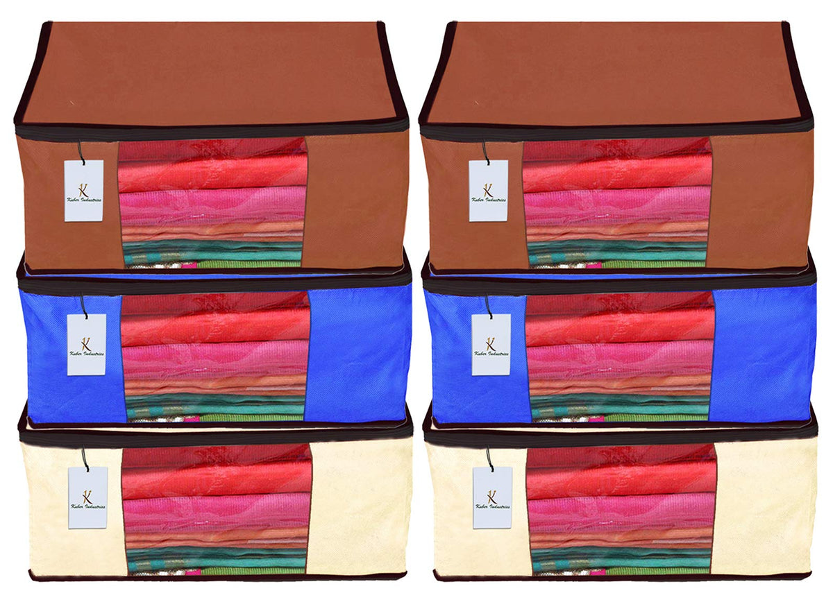 Kuber Industries 6 Piece Non Woven Fabric Saree Cover Set with Transparent Window, Extra Large, Ivory,Royal Blue,Dark Brown-CTKTC23794