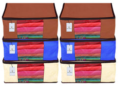 Kuber Industries 6 Piece Non Woven Fabric Saree Cover Set with Transparent Window, Extra Large, Ivory,Royal Blue,Dark Brown-CTKTC23794