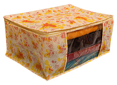 Heart Home Flower Design Non-woven Sarees, Clothes Cover/Organizer With Transparent Window- Pack of 3 (Yellow)-44HH0394