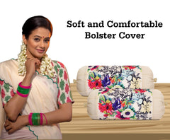 Kuber Industries Bolster Cover|Polyester Bolster Cover Set|Diwan Round Bolster Pillow Covers|Luxurious Floral Print Roll Masand Cover|Pack of 2 (Cream)