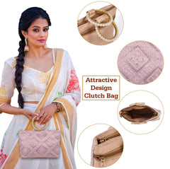 Kuber Industries Clutch Bag|Zig Zag Chicken Silk Embroidery Hand Purse|Wedding Clutch Purse with Moti Churi Handle|Pack of 2 (Purple)