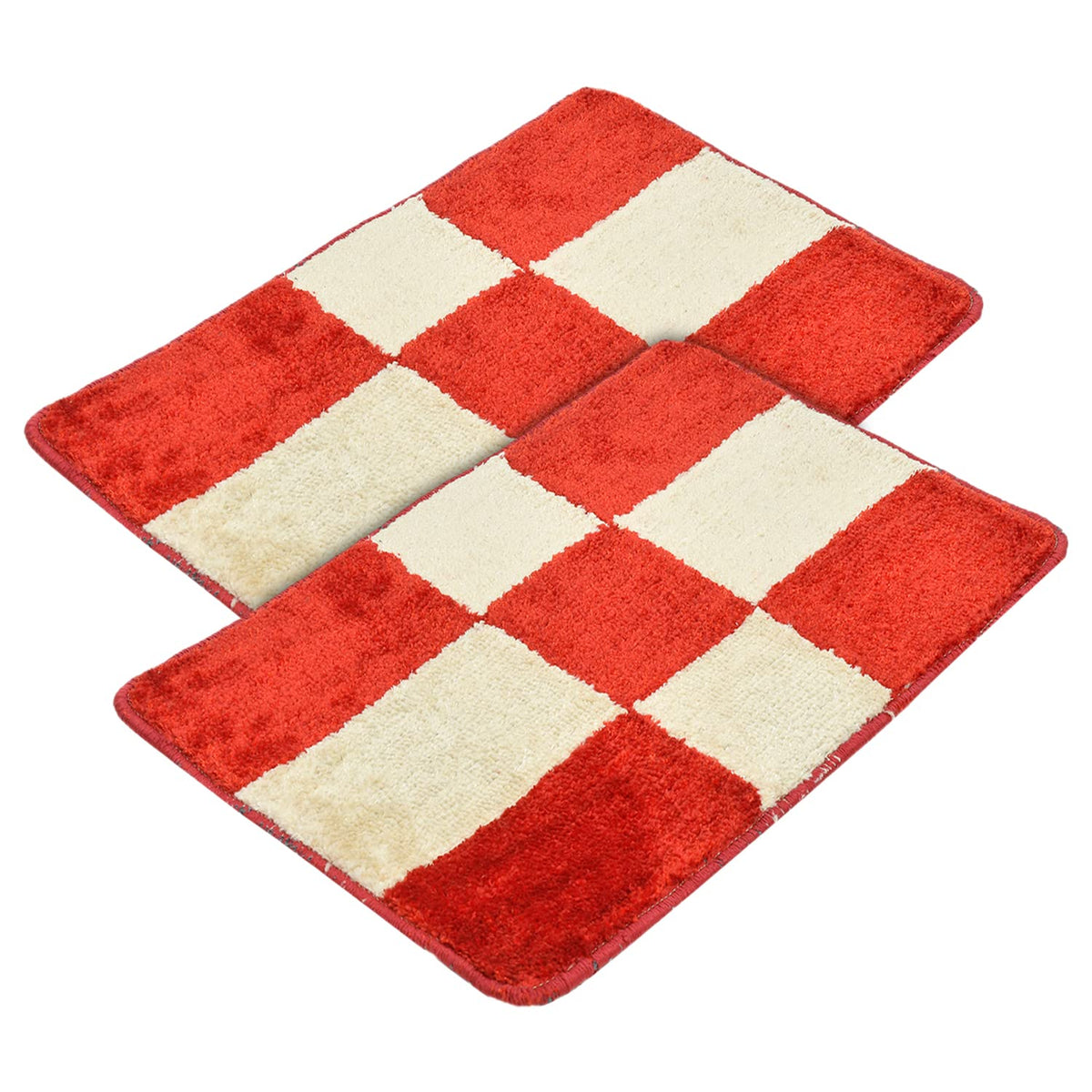 Heart Home Check Design Soft, Lightweight Velvet Door Mats for Entry, Patio, Porch, Bedroom, Living Room- Pack of 2 (Cream & Red)-50HH01088