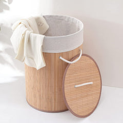 Kuber Industries Bamboo Basket With Lid|Foldable Laundry Basket For Clothes|Durable Rope Handles & Removable Bag (Natural)