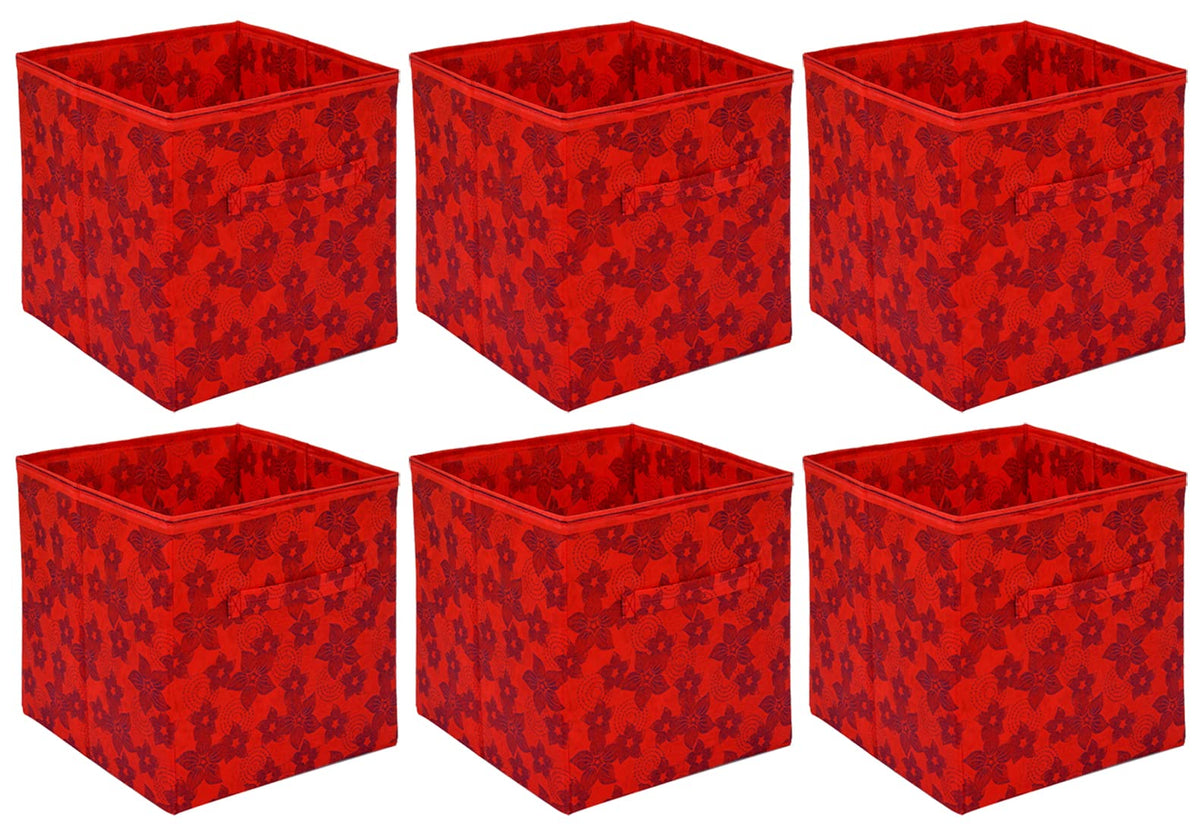 Heart Home Metallic Flower Printed Non-Woven Foldable Storage Bin/Cube/Organizer For Toys, Clothes And Books With Handles- Pack of 6 (Red) -HS43HEARTH26268