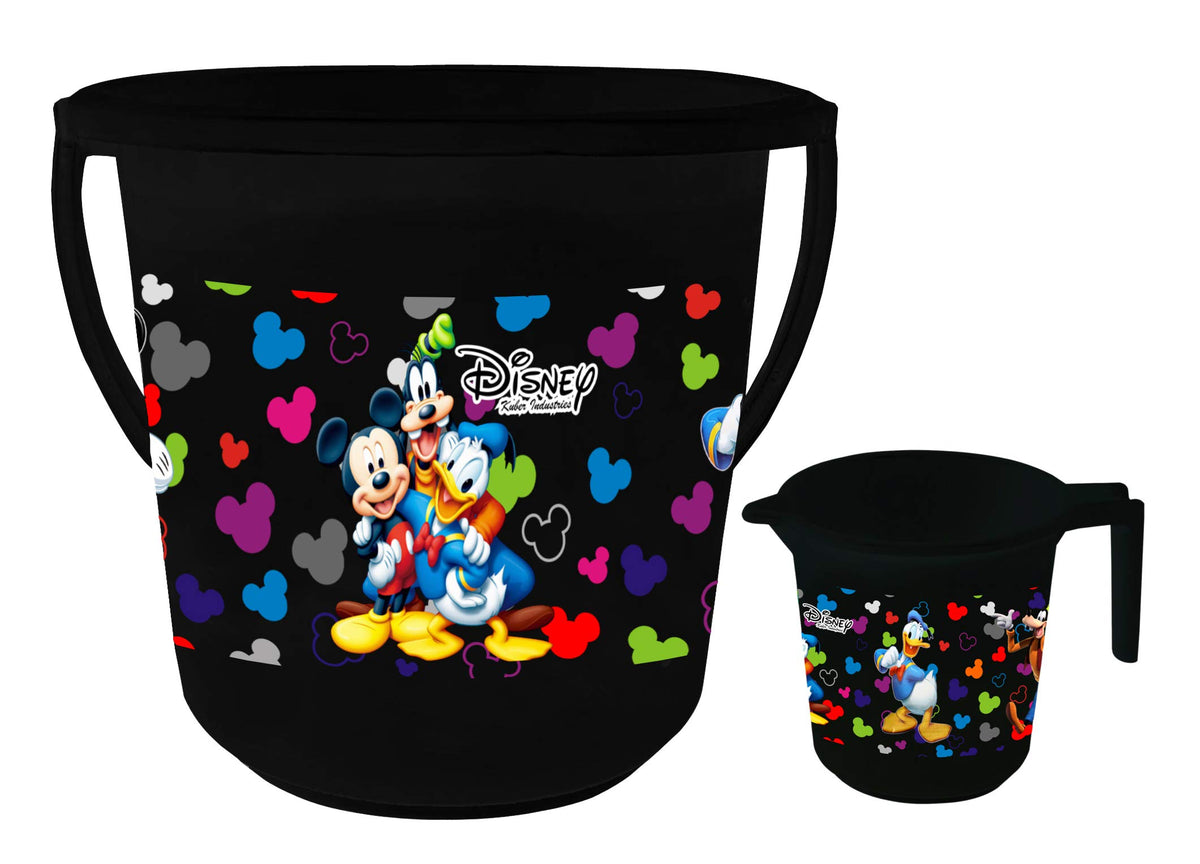Kuber Industries Disney Team Mickey Print Unbreakable Virgin Plastic Bathroom Bucket with Mug Set|Capicity 16 LTR Bucket & 500 ML Mug (Black)