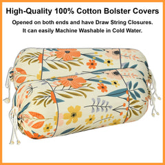 Kuber Industries Floral Print Soft & Luxurious Decorative Cotton Bolster Cover- Set of 6, 16"x32" (Cream)