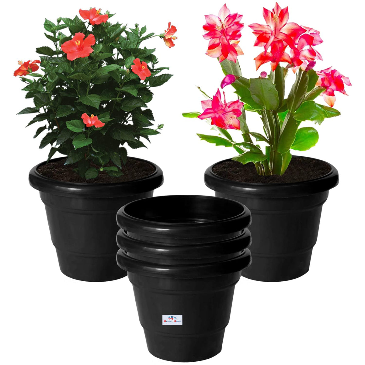 Heart Home Solid 2 Layered Plastic Flower Pot|Gamla for Home Decor,Nursery,Balcony,Garden,8"x 6",Pack of 5 (Black)