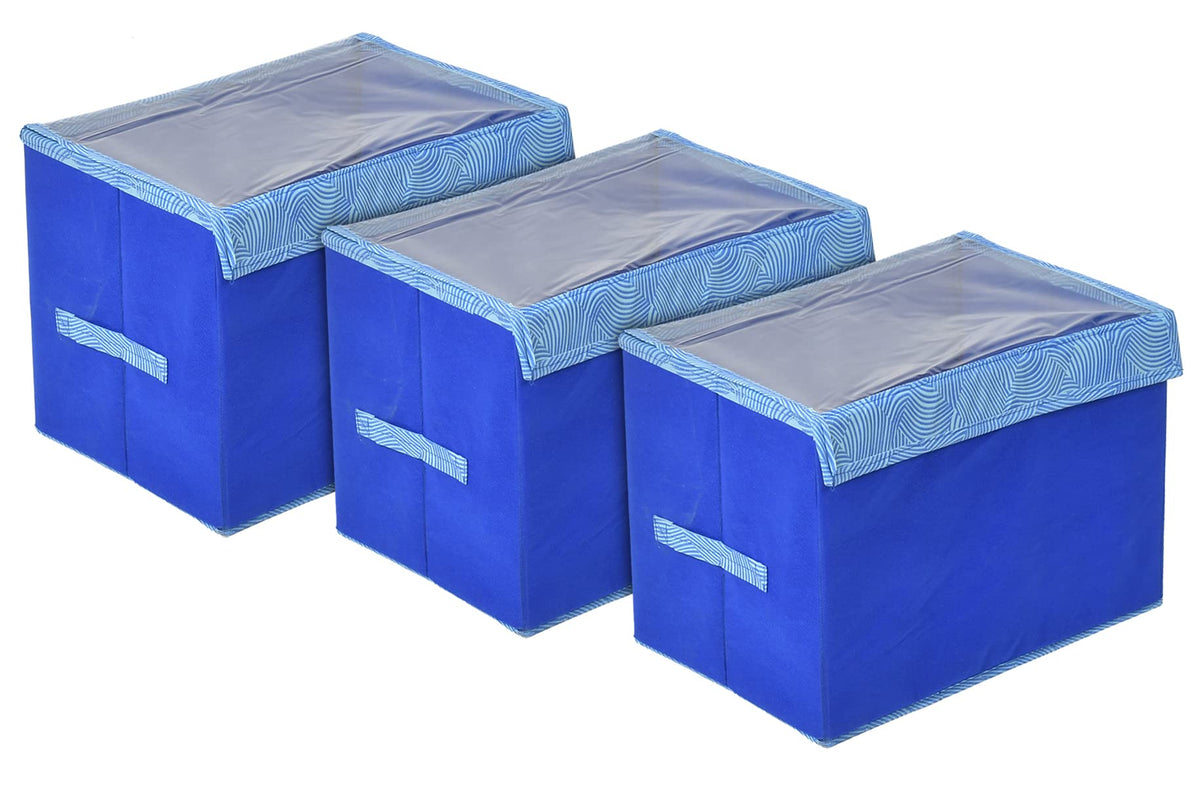 Kuber Industries Lehariya Printed Foldable Small Non-Woven Storage Box/Bin For Books, Towels, Magazines, DVDs & More With Tranasparent Lid- Pack of 3 (Blue) -44KM0454