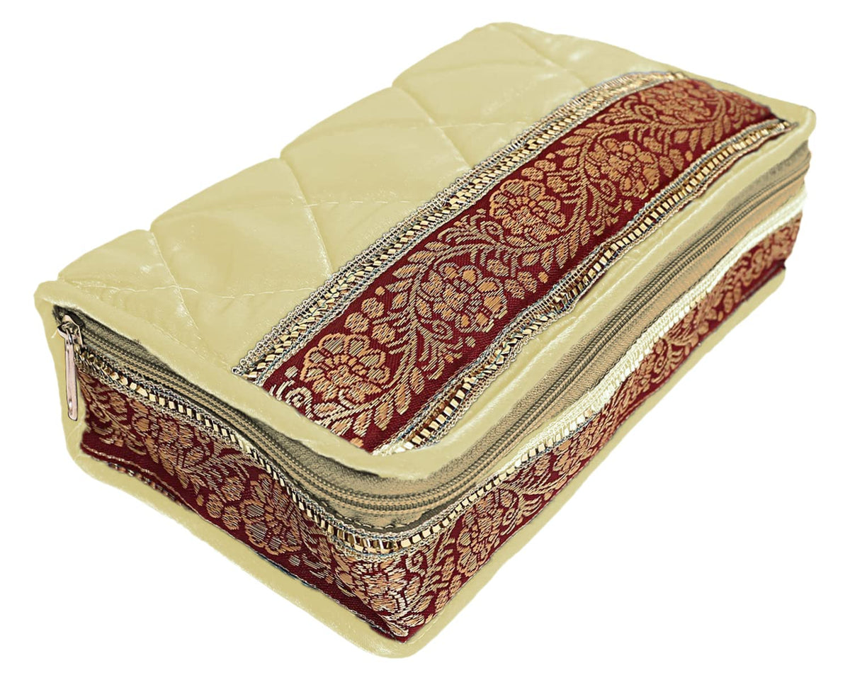 Kuber Industries Satin Flower Print Jewellery Organizer For Watches, Small Jewellery With 4 Pouches (Cream)