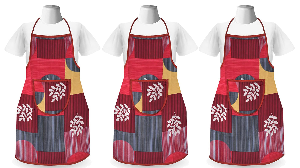 Kuber Industries Leaf Printed Oil Stain Resistant Cooking Kitchen Apron for Men Women with 1 Front Pocket, Pack of 3 (Pink)