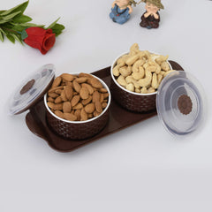 Fun Homes Walnut Checkered Design Plastic Solitaire Serving Tray with 2 Multipurpose Snacks/Dry Fruit Air Tight Bowls with Lids (Set of 3,Brown), Standard (FSHOME011089)