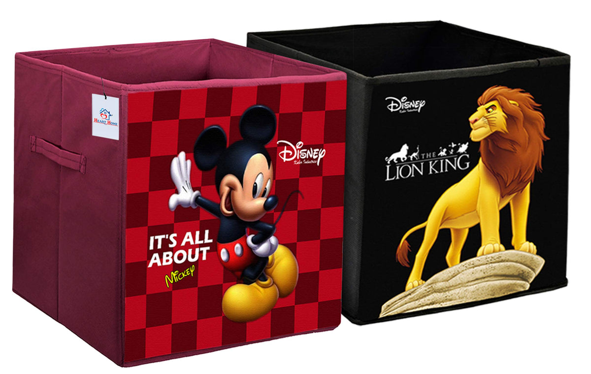 Heart Home Disney Mickey Lion King Print Non Woven Fabric 2 Pieces Foldable Large Size Cloth Storage Box Toy, Books Wardrobe Organiser Cube with Handle (Black & Maroon)-HEART10802