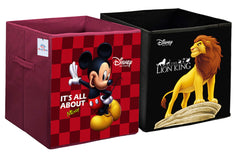 Heart Home Disney Mickey Lion King Print Non Woven Fabric 2 Pieces Foldable Large Size Cloth Storage Box Toy, Books Wardrobe Organiser Cube with Handle (Black & Maroon)-HEART10802