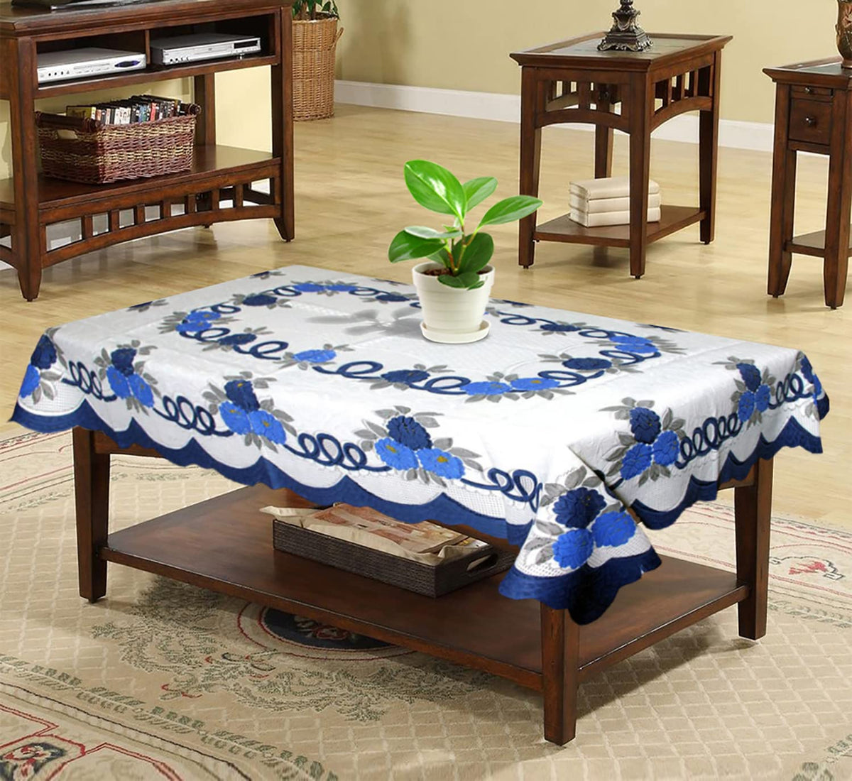 Heart Home Flower Printed Cotton 4 Seater Center Table Cover,40"x60" (White & Blue)-44HH045
