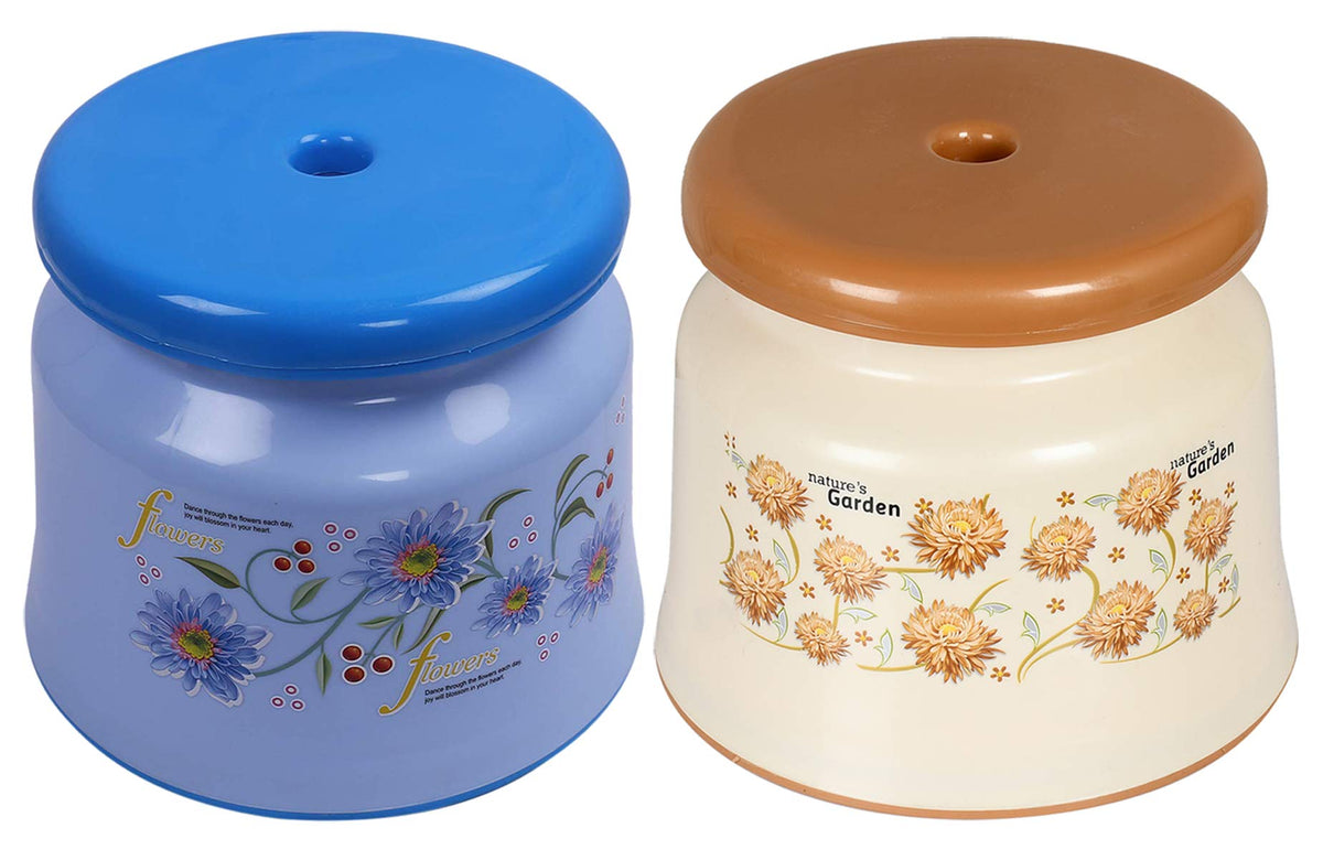 Kuber Industries Round Strong Plastic Stool or Bathroom seat (Blue & Cream)- Pack of 2
