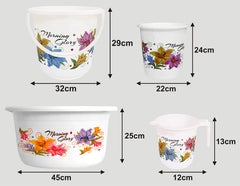 Heart Home Printed 4 Pieces Plastic Bucket, Dustbin, Mug & Tub Set (White)