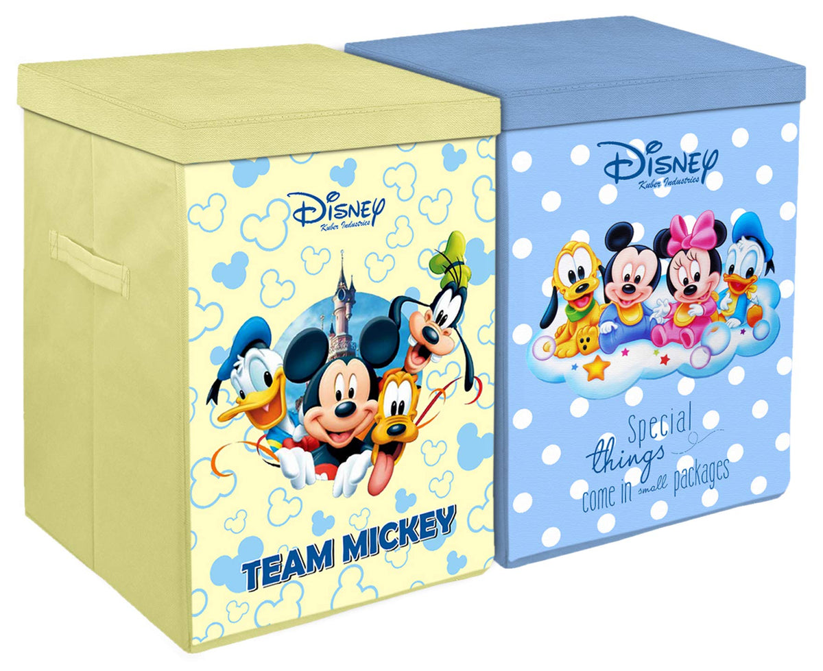 Kuber Industries Disney Print Non Woven Fabric Foldable Laundry Organiser With Lid & Handles (Set Of 2, Royal Blue & Cream)-KUBMART16309