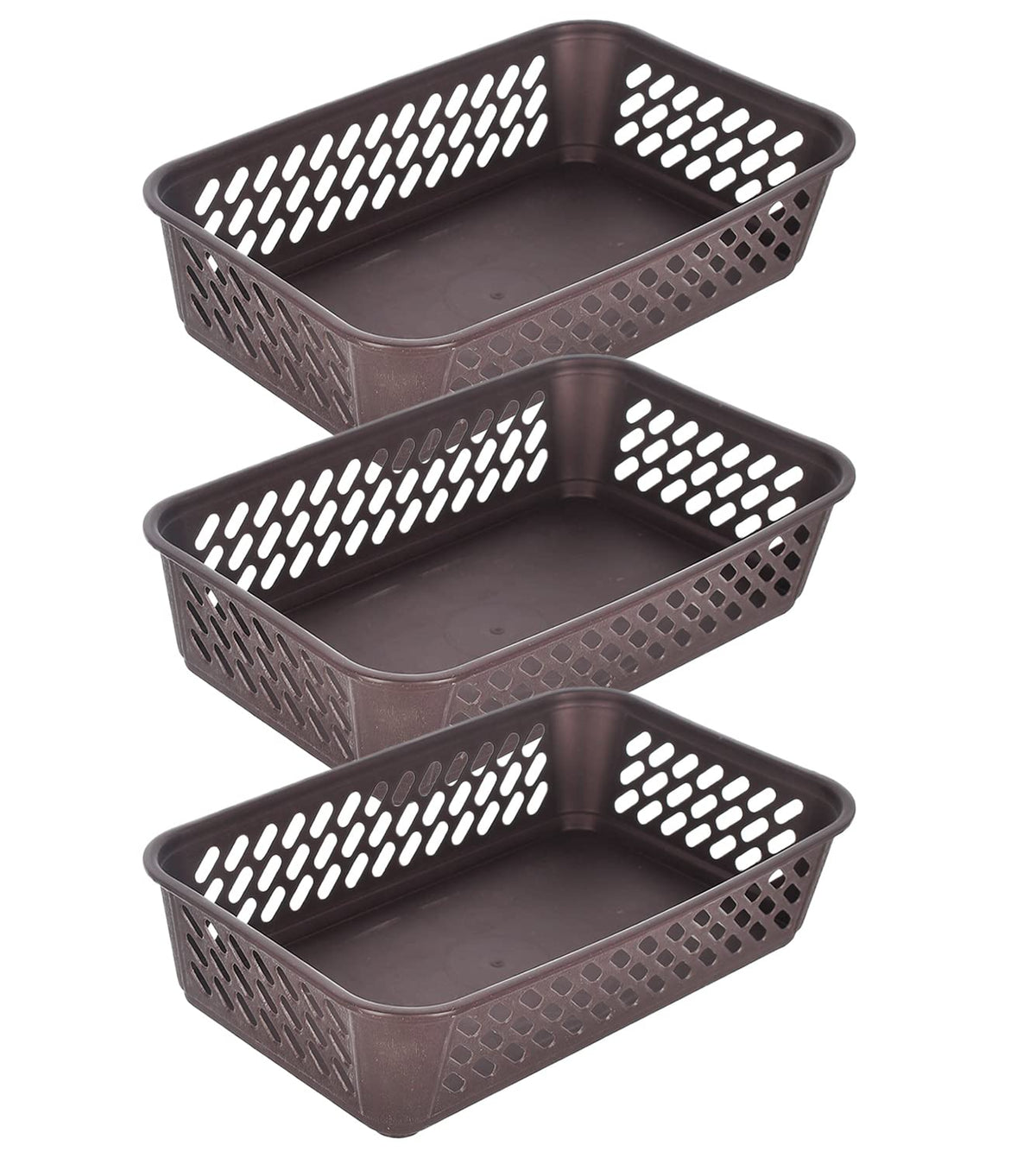 Heart Home Multiuses Super Tidy Plastic Tray/Basket/Organizer- Pack of 3 (Brown) -46HH0567