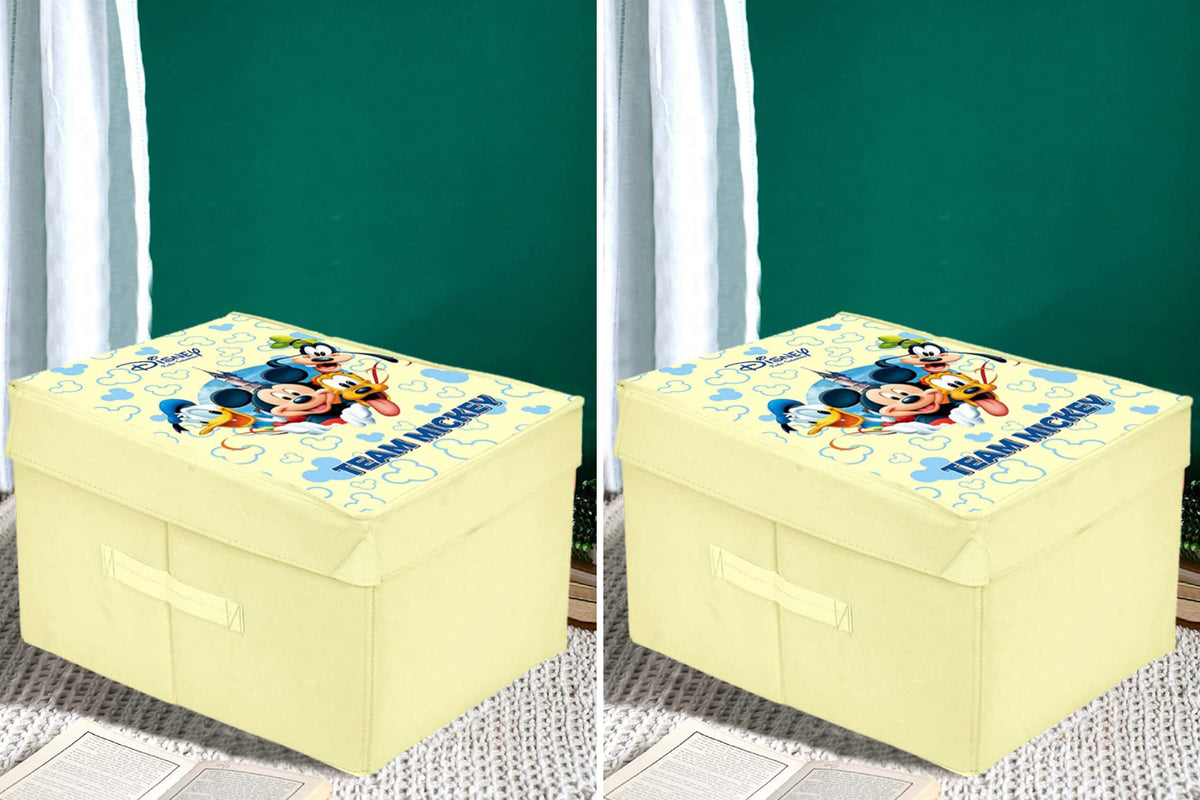 Heart Home Disney Team Mickey Printed Multipurposes Non-Woven Flodable Storage Box/Oragnizer- Pack of 2 (Cream)-HS43HEARTH26576
