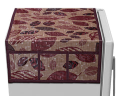 Kuber Industries Leaf Print PVC Fridge Top Cover with 6 Utility Side Pockets (Maroon)