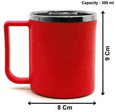 Heart Home Medium Size Plastic Steel Cups for Coffee Tea Cocoa, Camping Mugs with Handle, Portable & Easy Clean, Set of 2 (Red)
