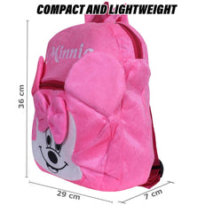 Kuber Industries Disney Minnie Bow Backpack | 2 Compartment Velvet School Bag | School Bag for Kids | Kids School Backpack | Backpack for School | Pink