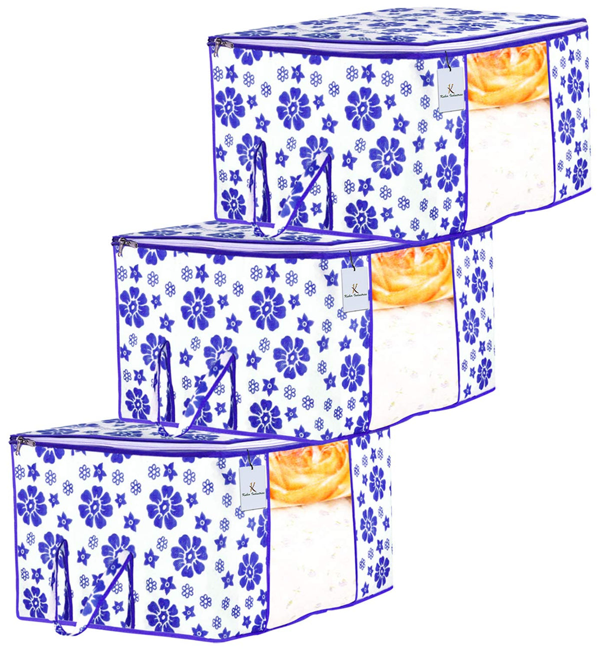 Kuber Industries Flower Design 3 Piece Non Woven Underbed Storage Bag, Storage Organiser, Blanket Cover with Transparent Window, Extra Large, Royal Blue CTKTC034523