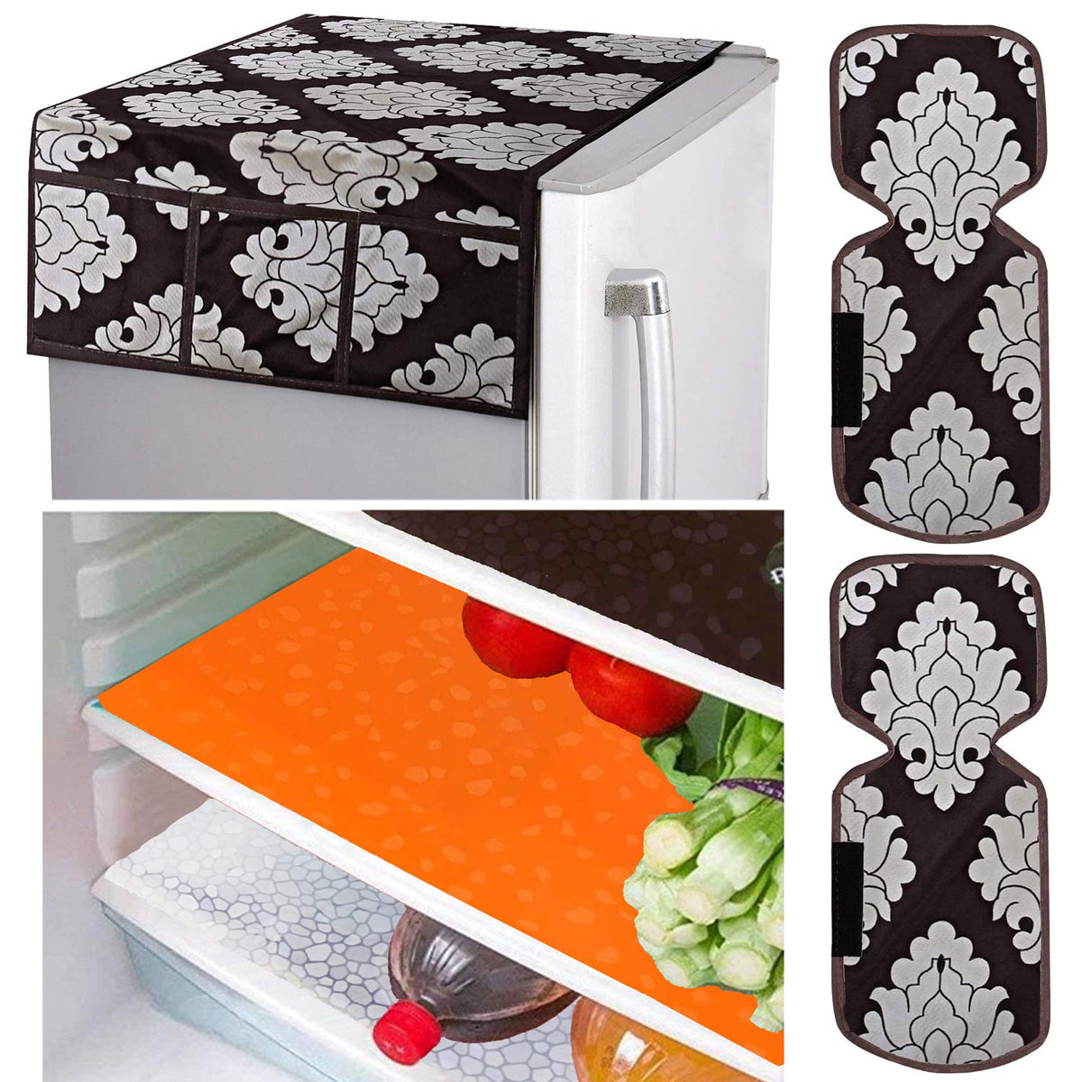 Kuber Industries Flower Design Combo PVC 3 Pieces Fridge Mats, 2 Piece Handle Cover and 1 Piece Fridge Top Cover(Brown)