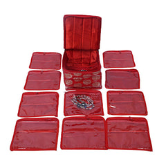 Kuber Industries Brocade Jewellery kit with 10 Pouch|Solid Print With Waterproof Outer Material|10 Pouches & Zipper Closure|Size 19 x 18 x 13, Pack of 1 (Red)