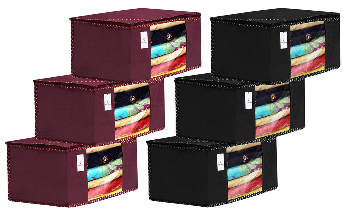 Kuber Industries 6 Piece Non Woven Fabric Saree Cover Set with Transparent Window, Extra Large, Maroon & Black-CTKTC31945