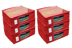 Kuber Industries 3 Layered Quilted Silk 6 Pieces Saree Cover (Red) - CTKTC024671