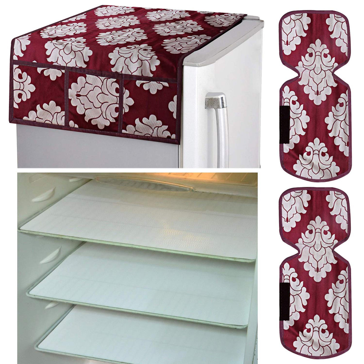 Kuber Industries Flower Design Combo PVC 3 Pieces Fridge Mats, 2 Piece Handle Cover and 1 Piece Fridge Top Cover(Maroon)