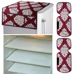 Kuber Industries Flower Design Combo PVC 3 Pieces Fridge Mats, 2 Piece Handle Cover and 1 Piece Fridge Top Cover(Maroon)