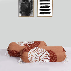 Heart Home Bolster Cover|Soft Cotton Bolster Cover Set|Diwan Round Bolster Pillow Covers|Luxurious Leaf Print Roll Masand Cover|16x32 Inch|Pack of 6 (Coral)