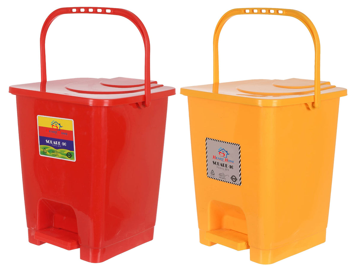 Heart Home Premium Plastic Pedal Dustbin 10 Ltr (Red & Yellow)-Pack of 2