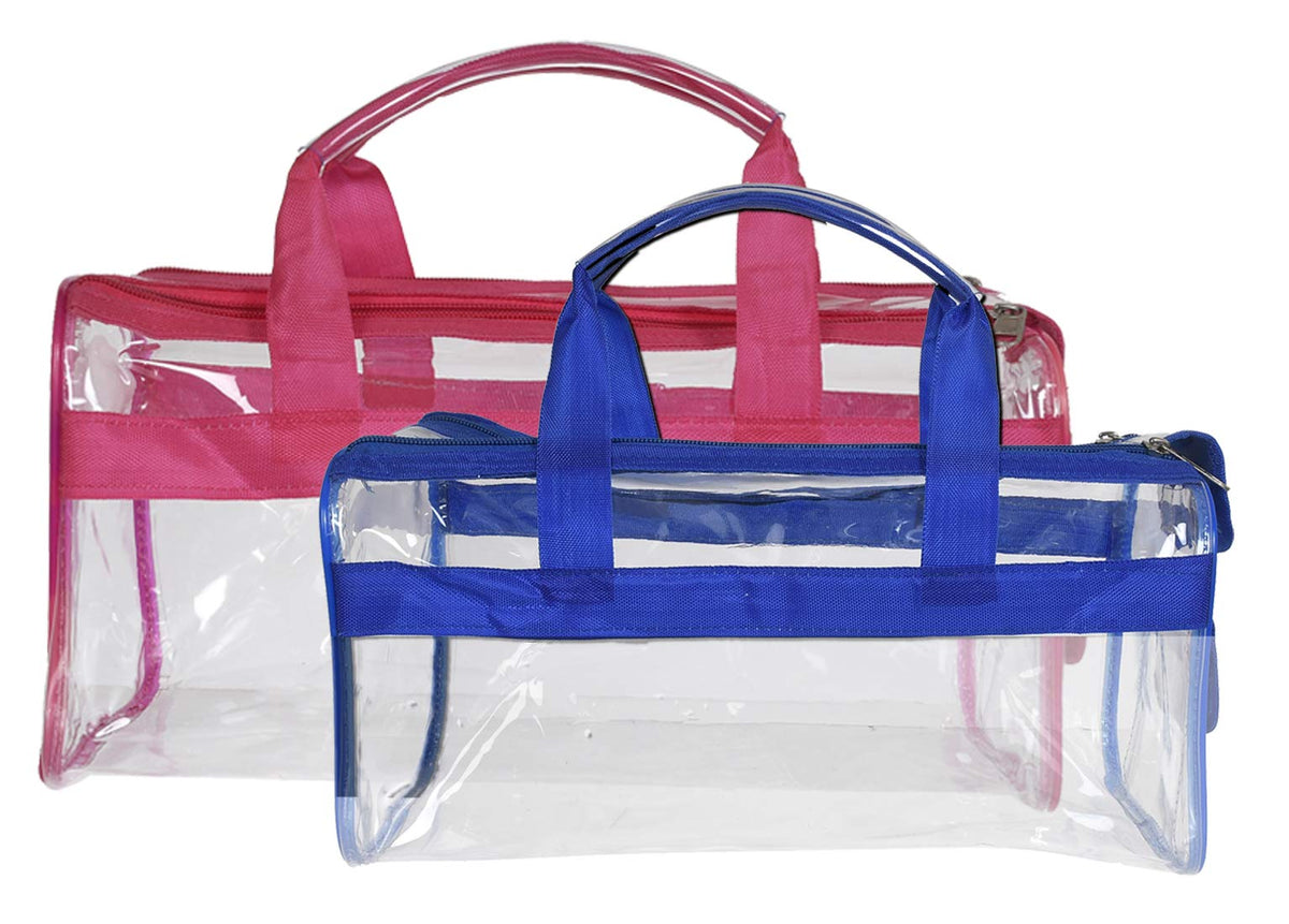 Kuber Industries Large Size 2 Crystal Clear Plastic Cosmetic Bags Travel PVC Vinyl Toiletry Bag, Zipper Large Transparent Waterproof Make-Up Case Organizer Bag (Pink & Blue)