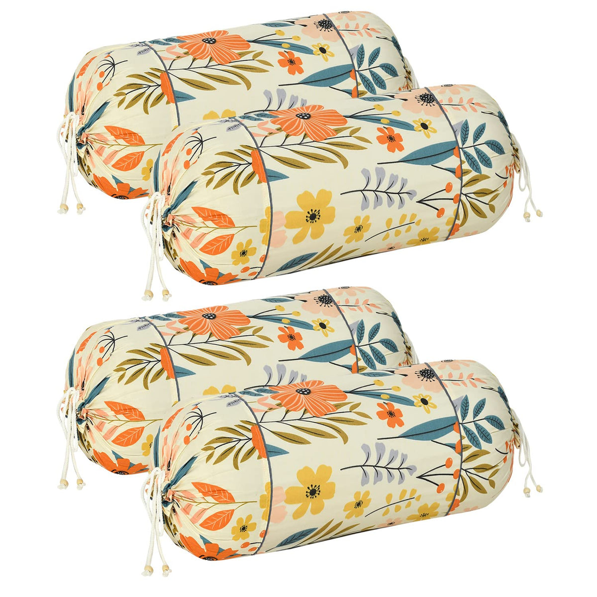Kuber Industries Floral Print Soft & Luxurious Decorative Cotton Bolster Cover- Set of 4, 16"x32" (Cream)
