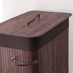 Kuber Industries Bamboo Basket With Lid|Foldable Laundry Basket For Clothes|Durable Rope Handles & Removable Bag (Dark Brown) (Pack Of 1)