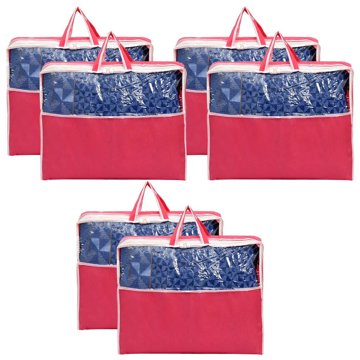 Heart Home Multiuses Non-Woven Clothes Storage Bag/Wardrobe Organizer/Saree Cover With Top Tranasparent Window- Pack of 6 (Pink)