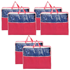 Heart Home Multiuses Non-Woven Clothes Storage Bag/Wardrobe Organizer/Saree Cover With Top Tranasparent Window- Pack of 6 (Pink)