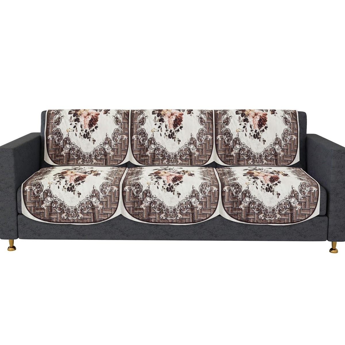 Heart Home Sofa Cover | 3 Seater Sofa Slip Cover Set | Check Border Sofa Cover | Velvet Couch Cover | Sofa Slipcover Set | Sofa Cover for Living Room | Brown