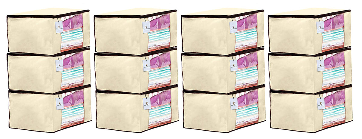 Kuber Industries 12 Piece Non Woven Fabric Saree Cover Set with Transparent Window, Extra Large, Ivory-CTKTC23735