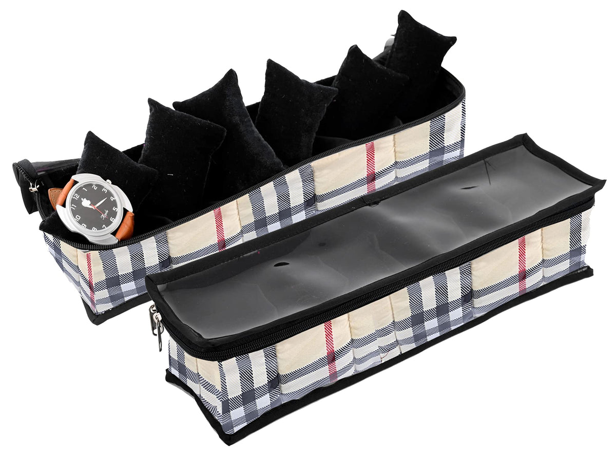 Kuber Industries Check Design Styleys Wrist Watch Organizer Case Kit -6 Roll Watch Box-Pack of 2 (Cream)