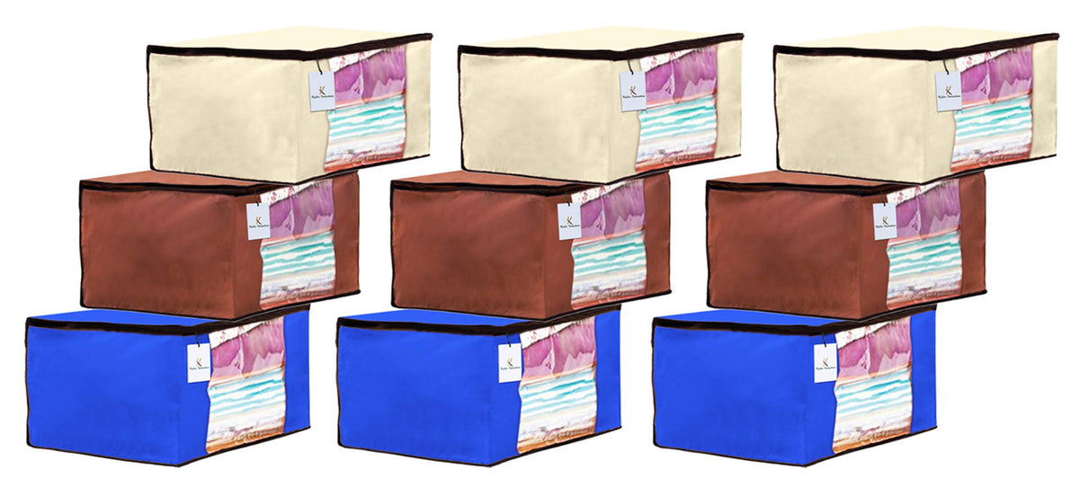 Kuber Industries 9 Piece Non Woven Fabric Saree Cover Set with Transparent Window, Extra Large, Ivory,Royal Blue,Dark Brown-CTKTC23708